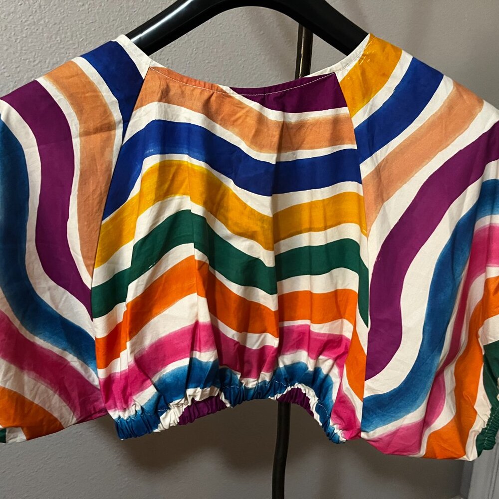 Farm Rio Dancing Stripes Puff Sleeve Crop Top EUC - Picture 3 of 4